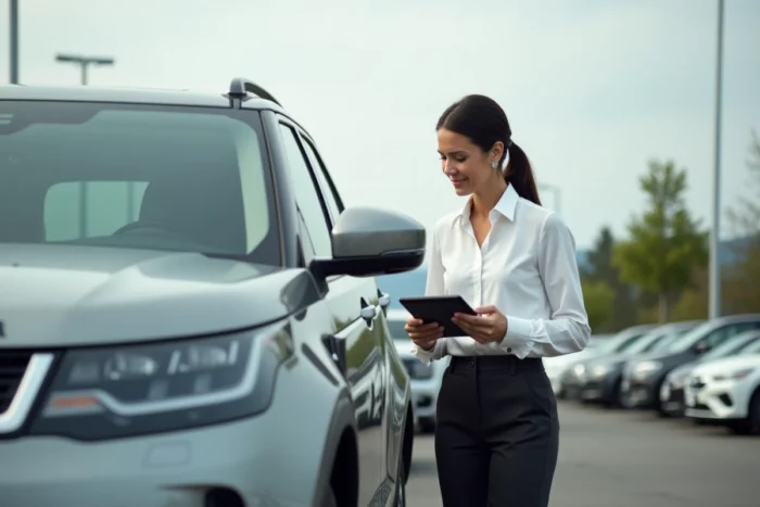 Conseillère automobile présentant un SUV sur un parking de concession extérieure avec une tablette