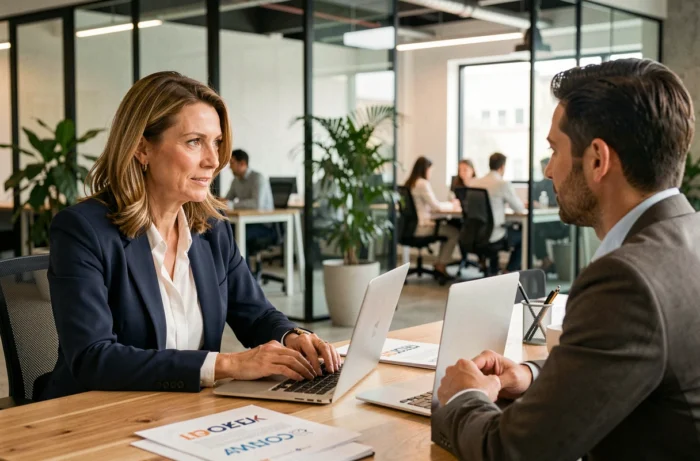Consultante professionnelle discutant de services sur mesure avec un client dans un bureau moderne et lumineux