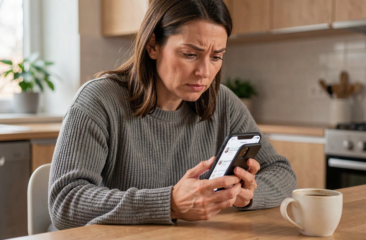 Femme consultant des avis clients sur son smartphone à la maison avant de choisir un service de dépannage
