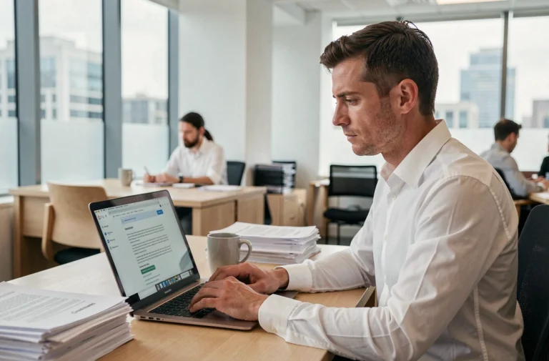 Homme professionnel consultant les informations légales d'un site de jeux en ligne sur son ordinateur portable dans un bureau moderne