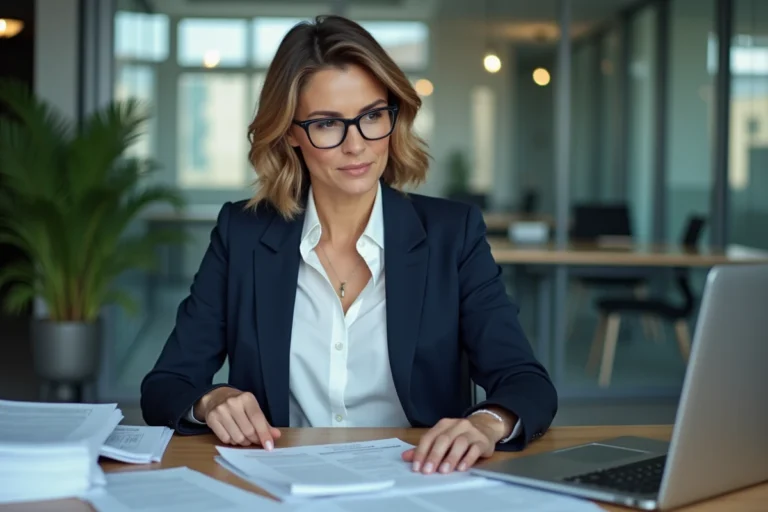 Femme professionnelle consultant la liste noire des promoteurs immobiliers sur un ordinateur portable dans un bureau moderne