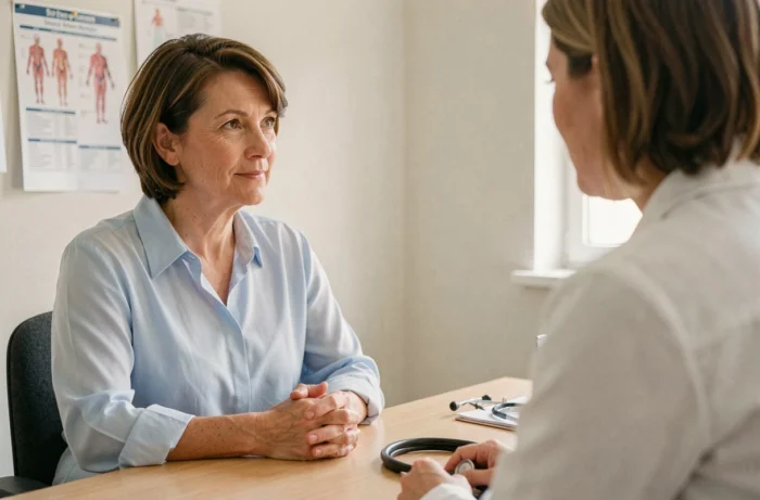 Femme de 45 ans en consultation médicale avec son médecin généraliste dans un cabinet propre et professionnel