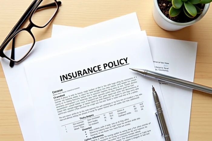 Vue de dessus d'un contrat d'assurance vie avec stylo et lunettes sur un bureau en bois