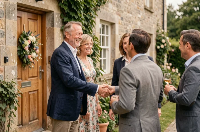 Couple élégant accueillant des invités à l'entrée d'une maison de campagne en pierre pour leur retour de noces