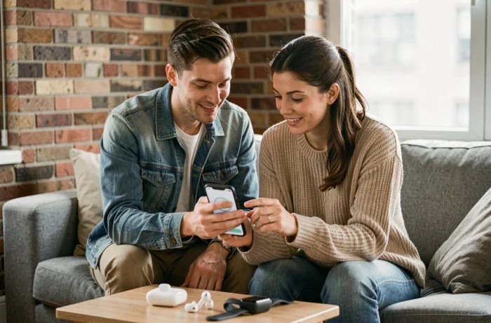 Couple consultant une application smartphone pour gérer leurs appareils connectés à domicile