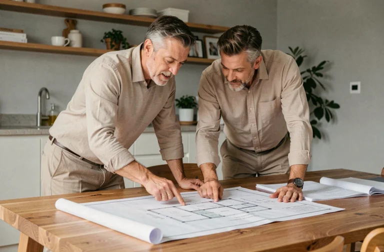 Couple de professionnels examinant des plans architecturaux et documents immobiliers sur une table en chêne dans un intérieur moderne