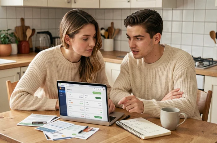 Jeune couple analysant leur budget et leurs relevés de carte de crédit ensemble à la table de cuisine