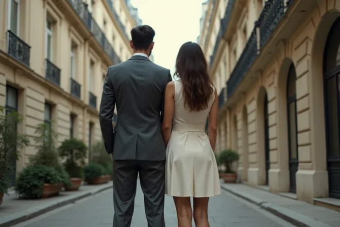 Couple de dos en tenue de mariage devant un immeuble haussmannien parisien, illustrant le mystère et la discrétion autour d'une union célébrée loin des médias