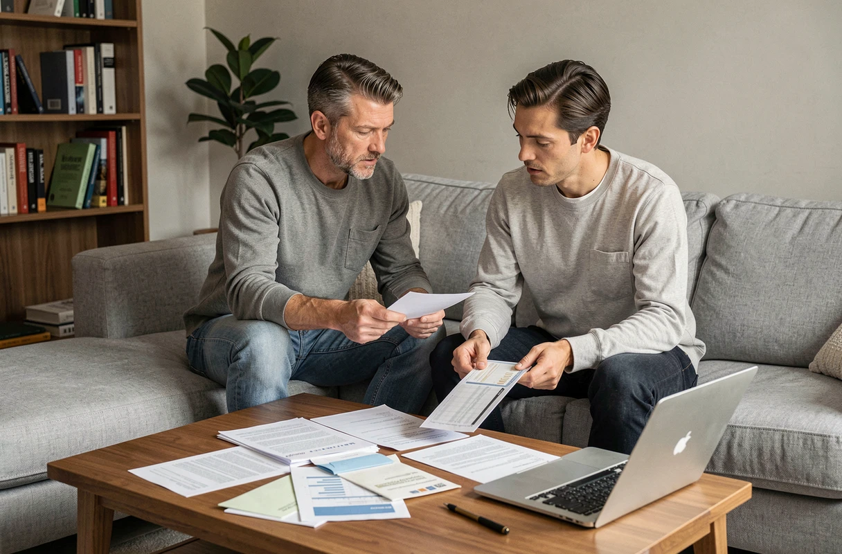 Couple planifiant leur budget familial avec des documents financiers sur la table basse du salon