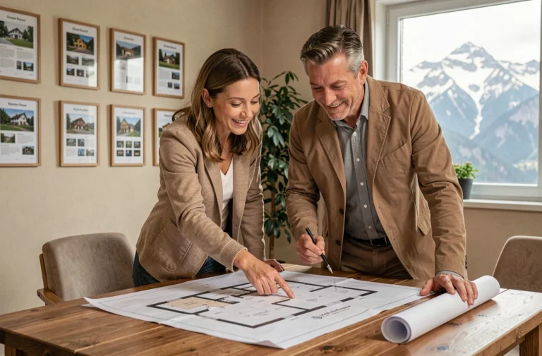 Couple consultant des plans architecturaux dans une agence immobilière avec vue sur les montagnes des Hautes-Pyrénées