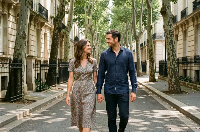 Couple se promenant main dans la main dans une rue arborée, évoquant la vie conjugale et l'intimité d'un mariage