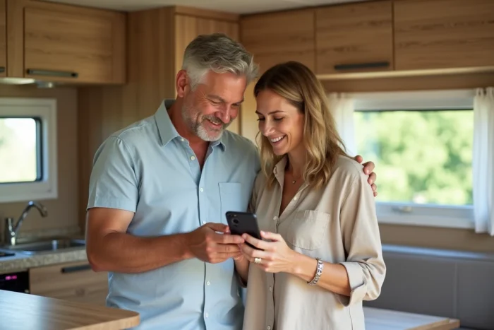 Couple gérant leurs réservations de vacances sur smartphone à l'intérieur d'un mobil-home Siblu