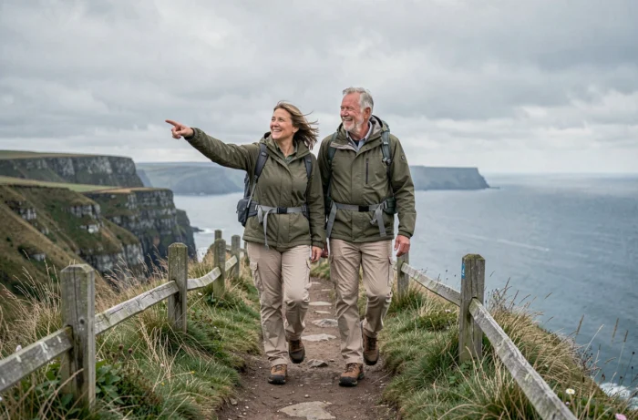 Couple de seniors en randonnée sur un sentier côtier, profitant d'une retraite active et épanouie en pleine nature