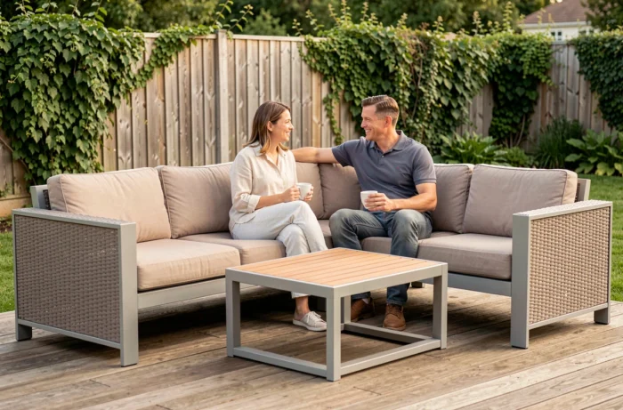 Couple détendu assis sur un salon de jardin en aluminium et résine tressée sur une terrasse en bois, avec tasses de café et jardin verdoyant en arrière-plan