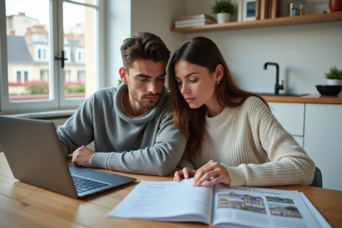 Couple consultant la liste des promoteurs immobiliers blacklistés sur ordinateur portable à leur domicile en France