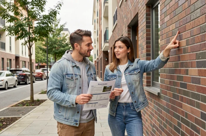 Couple examinant une annonce de location devant un immeuble résidentiel moderne en ville