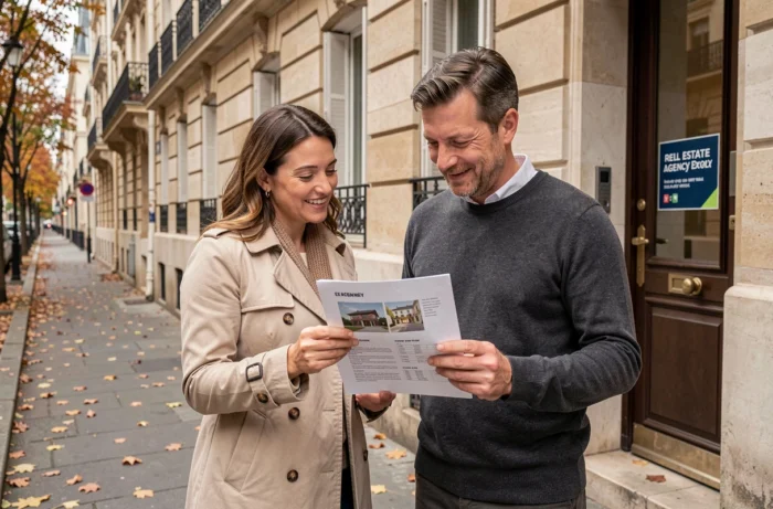 Couple visitant un immeuble haussmannien à Paris pour un projet d'achat immobilier en automne