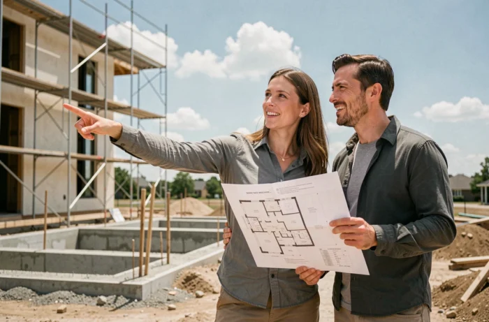 Couple visitant un chantier de construction résidentielle neuve avec un promoteur immobilier