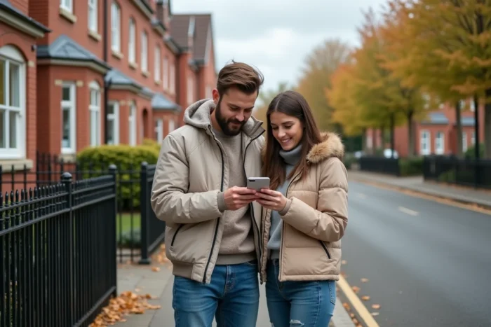 Couple consultant une annonce immobilière sur smartphone devant une maison lors d'une visite de quartier