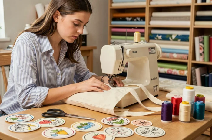 Jeune femme cousant un tote bag personnalisé en tissu canvas sur une machine à coudre