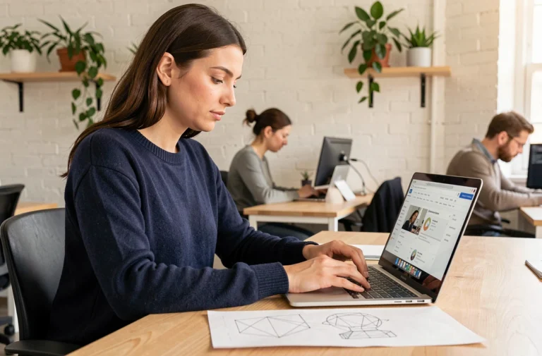 Femme développeuse web travaillant sur la conception d'un site web performant dans un espace de coworking moderne
