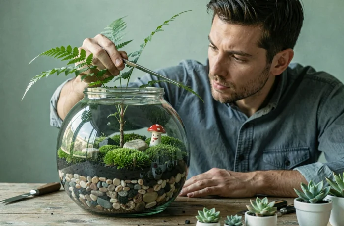 Homme créant un terrarium végétal dans un grand bocal en verre avec mousse et petites plantes