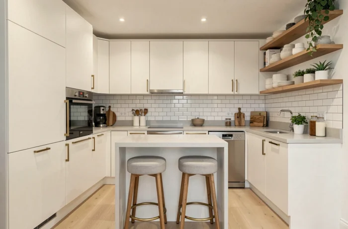 Cuisine moderne de 10m2 aménagée avec des meubles blancs, plan de travail en quartz gris et îlot central en bois, vue grand angle