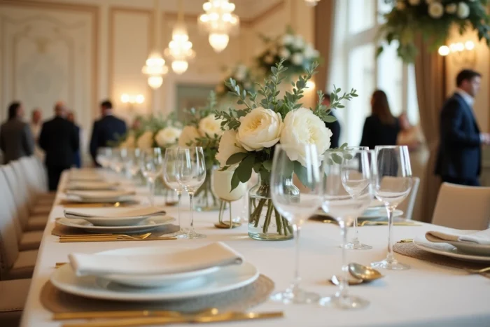 Décoration de table de réception de mariage avec bouquet de pivoines blanches et verrerie en cristal dans un château français
