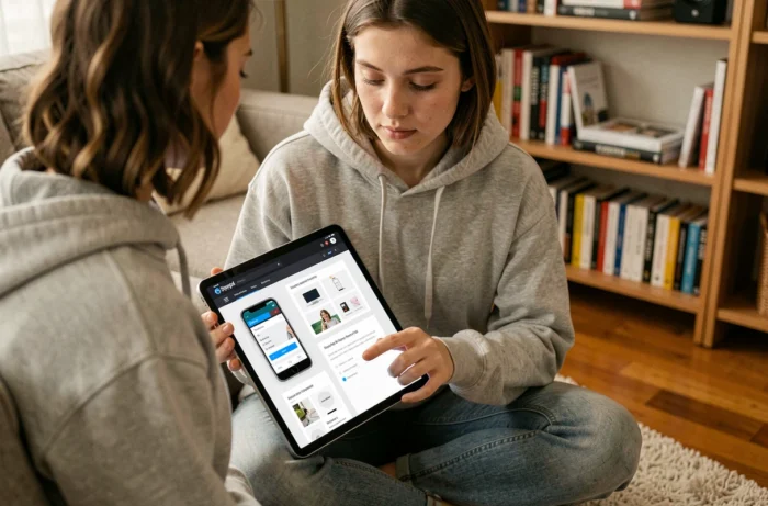 Jeune femme consultant un design web responsive sur tablette dans un bureau à domicile chaleureux