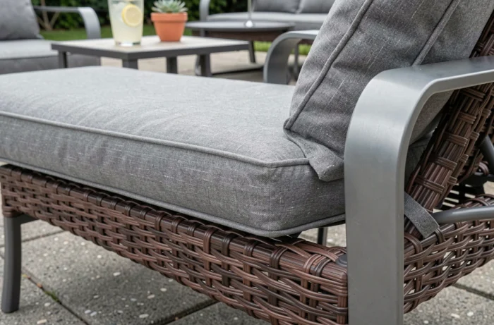 Gros plan sur le détail du tressage en résine d'un fauteuil de jardin avec coussin gris épais et accoudoir en aluminium brossé sur une terrasse en béton