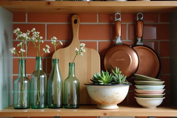 Étagère de cuisine décorée avec des objets du quotidien détournés en éléments décoratifs : bouteilles vases, passoire succulentes