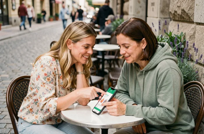 Deux femmes partageant du contenu santé et bien-être sur smartphone en terrasse de café en ville