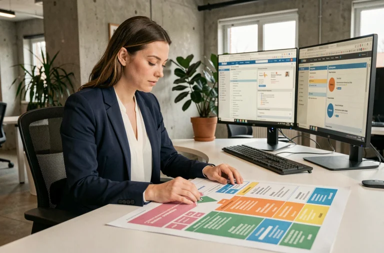 Développeuse web analysant un sitemap médical imprimé dans un bureau moderne