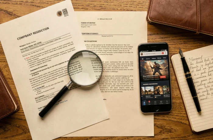 Vue aérienne de documents légaux et réglementaires liés à la transparence du site de jeux U Games sur un bureau en bois