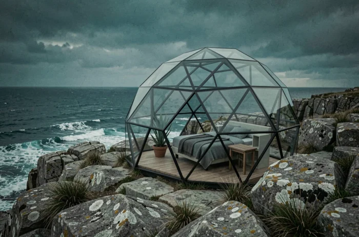 Dôme géodésique en verre sur une falaise côtière avec vue sur l'océan au crépuscule, hébergement insolite nature bord de mer