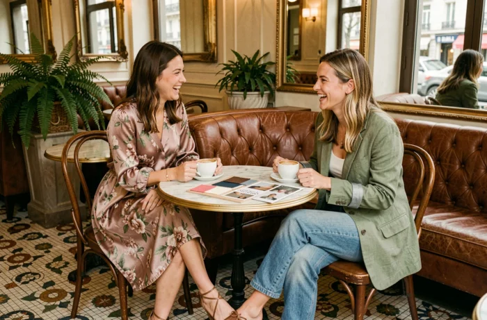 Deux femmes élégamment habillées riant autour d'un café dans un bistrot parisien, entourées de swatches de tissus pour un article mode