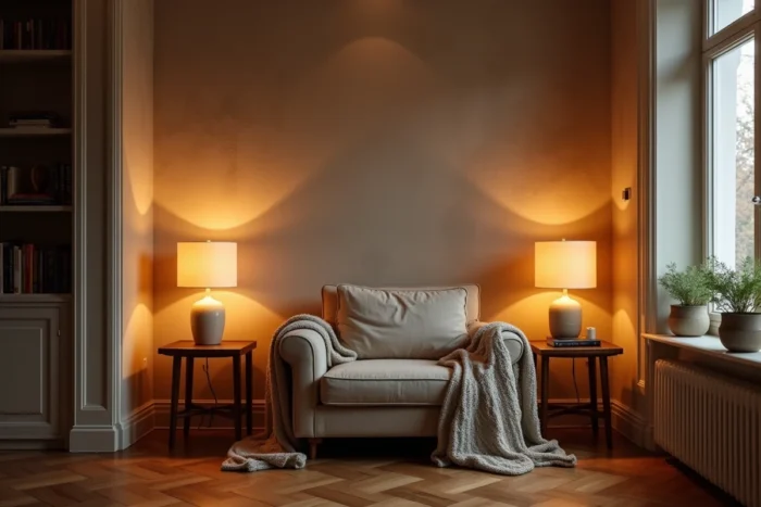 Coin lecture avec lampes à poser sur tables de chevet créant un éclairage indirect chaleureux sans plafonnier
