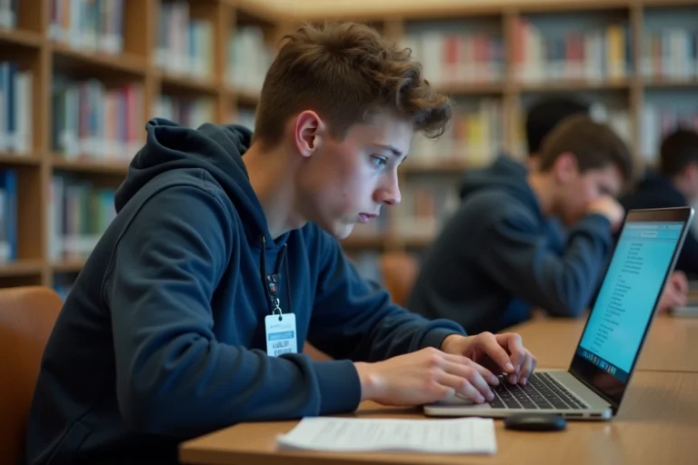 Élève de lycée cherchant à résoudre un problème de connexion à l'ENT sur un ordinateur portable en bibliothèque scolaire