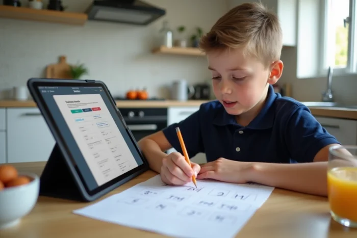 Jeune élève utilisant une tablette pour obtenir une aide aux devoirs en ligne dans une cuisine moderne