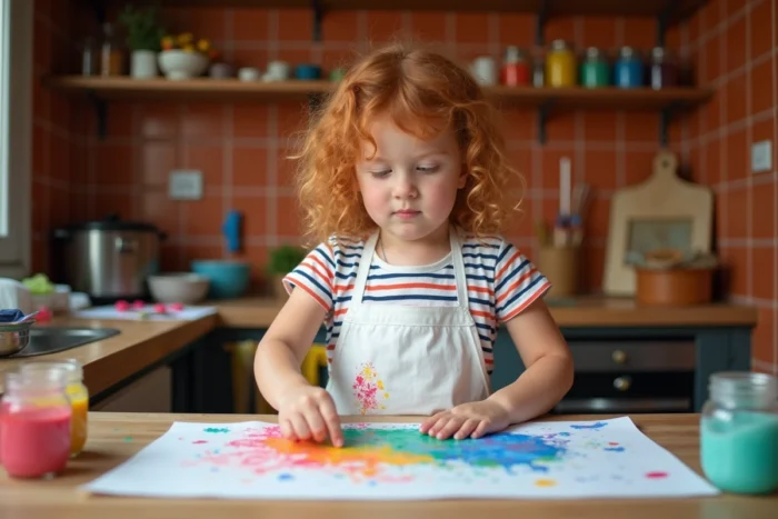 Jeune fille aux cheveux bouclés faisant de la peinture au doigt sur une table en bois dans une cuisine familiale colorée