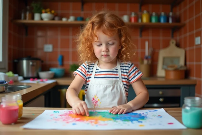 Jeune fille aux cheveux bouclés faisant de la peinture au doigt sur une table en bois dans une cuisine familiale colorée