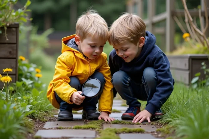 Deux garçons explorant la nature dans un jardin verdoyant avec une loupe, activité d'éveil en plein air