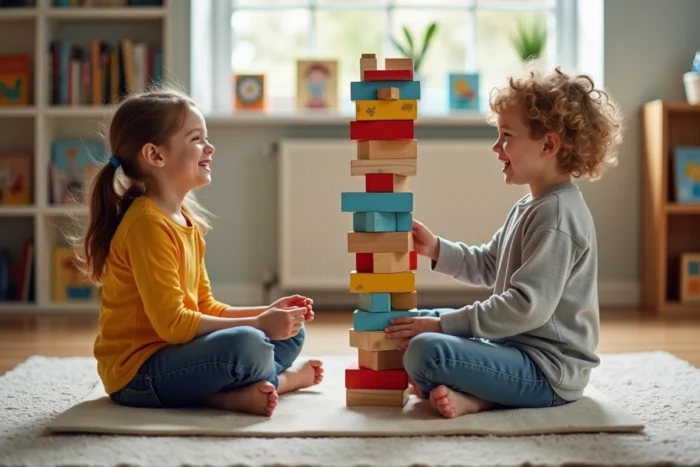Deux enfants riant en construisant une tour de cubes en bois colorés sur un tapis de jeu dans un salon familial