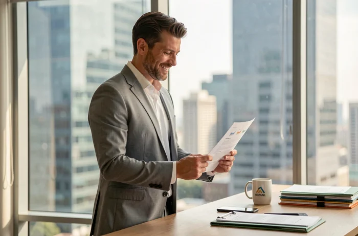 Entrepreneur en costume analysant une proposition de services professionnels dans un bureau avec vue sur la ville