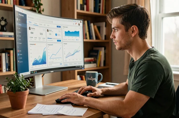 Entrepreneur analysant des tableaux de bord marketing digital pour optimiser la croissance de sa PME depuis son bureau
