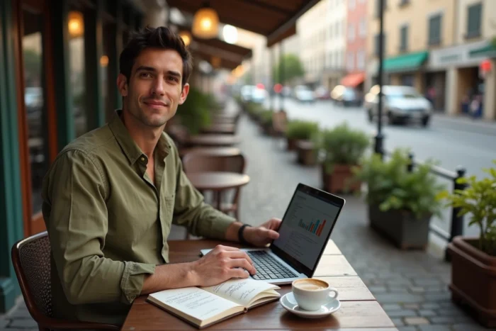 Entrepreneur travaillant sur son laptop en terrasse de café urbain, prenant des notes sur des conseils pour générer des revenus en ligne