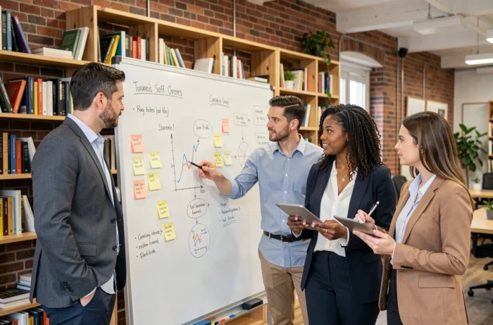Équipe professionnelle collaborative élaborant une stratégie de services personnalisés sur tableau blanc
