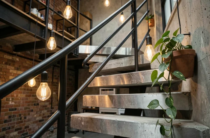 Détail escalier industriel béton et acier dans un loft avec suspensions ampoules Edison et plante pothos
