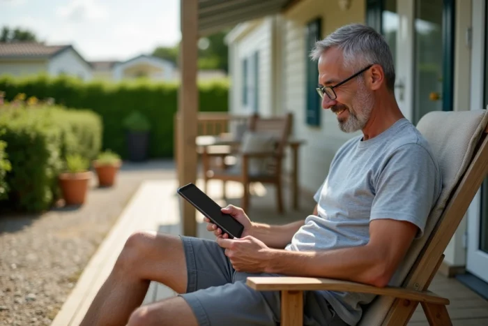 Homme consultant son espace client SibluConnect sur une tablette depuis son mobil-home en camping