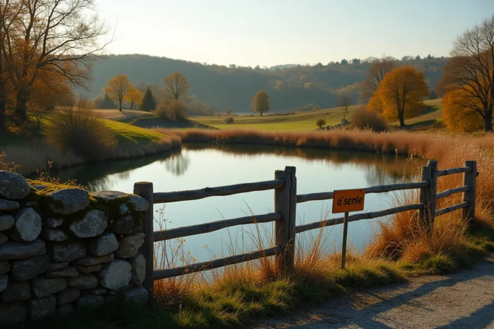 Étang privé à vendre en milieu rural français avec clôture et mur en pierre délimitant la propriété